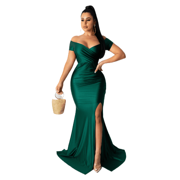 Vestido de noche elegantes con hombros descubiertos fruncido de muslo con abertura sexy