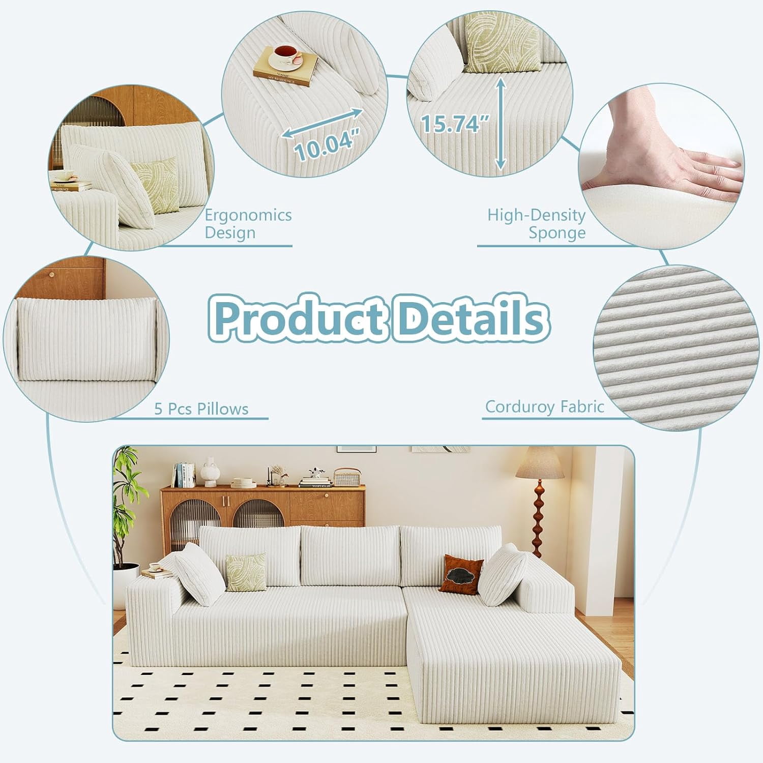 96-inch Modern Cloud Couch, L-Shaped Corduroy Sectional Sofa with Chaise, No Assembly Required, Deep Seating Modular Sofa for Living Room,White