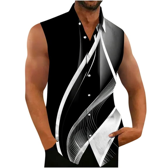Fancifize Men's Big and Tall Sleeveless Shirts 3D Printed Button Up Tropical Beach Tank Top Summer Collered Casual Tank Shirt