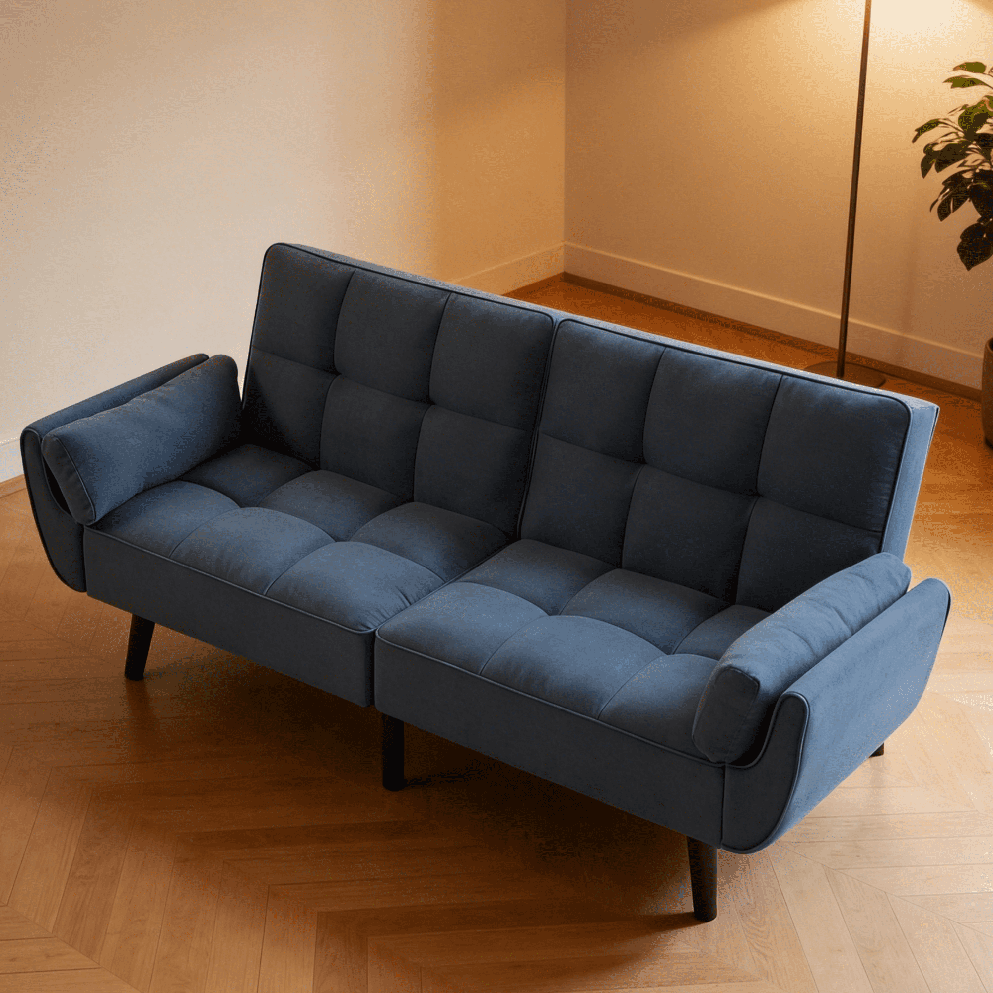 BSHTI 75.2" Linen Convertible Futon Sofa Bed with Split Back & 3-Position Adjustment, Tufted Design, Flared Arms, for Living Room & Guest Room,Blue