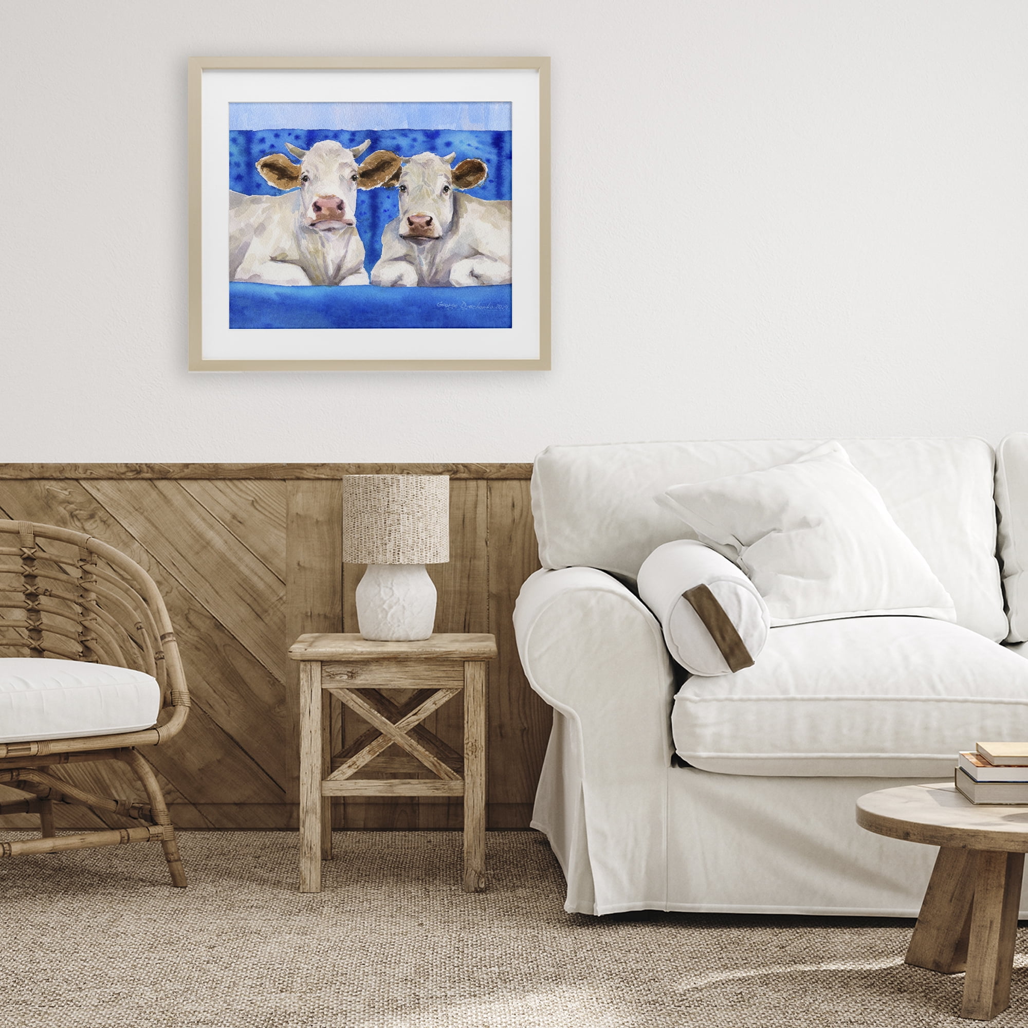 Stupell Industries White Cows on Blue Sofa Birch Framed Print Under Glass, design by George Dyachenko