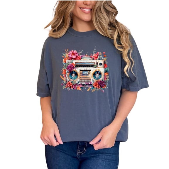 Retro Cassette Player Floral Graphic Tee, Vintage Music Lover T-Shirt, Floral Cassette Print, Music Themed Shirt, 80s 90s Inspired Design, Denim Comfort Colors T-Shirt, Small