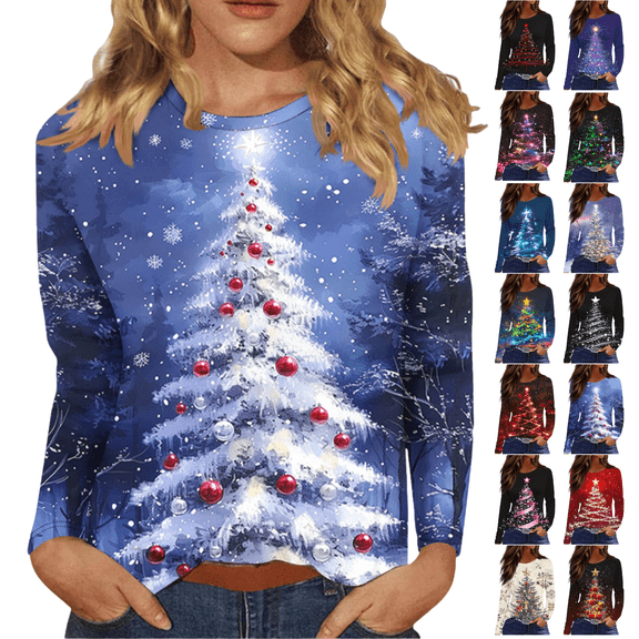 Mifsaly Women's Christmas Shirts Plus Size Long Sleeve Tops Pullover Xmas Tree Print Crewneck Loose T-Shirts Festival Party Funny Blouse 2025 Holiday Clothing