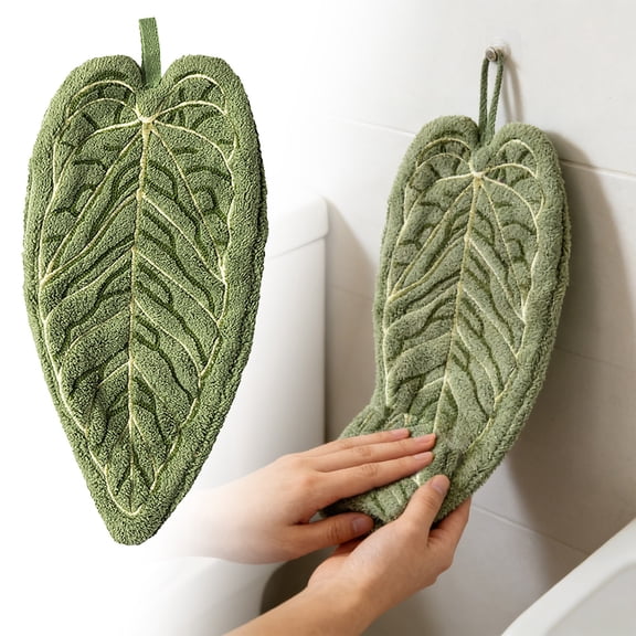 Plant Leaf Hand Towels, Green Absorbent Towels for Kitchen Bathroom, Hanging Design, Soft cotton Dish Cloth Wipes, Decorative Leaf Towels for Home