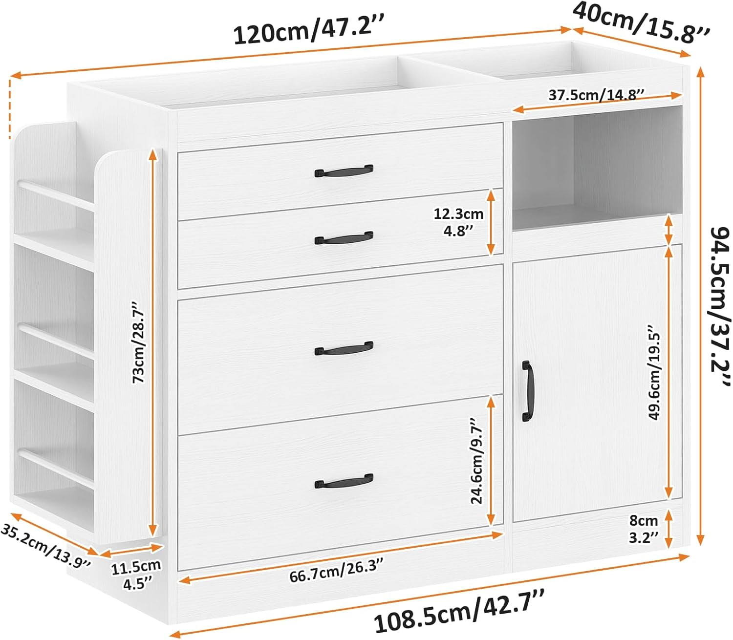 Winkalon Changing Table Dresser, Baby Nursery Dresser with 4 Drawers & 1 Cabinet & 3 Open Shelves Storage, Modern Diaper Changing Station for Children's Room, Changing Pad Included, White