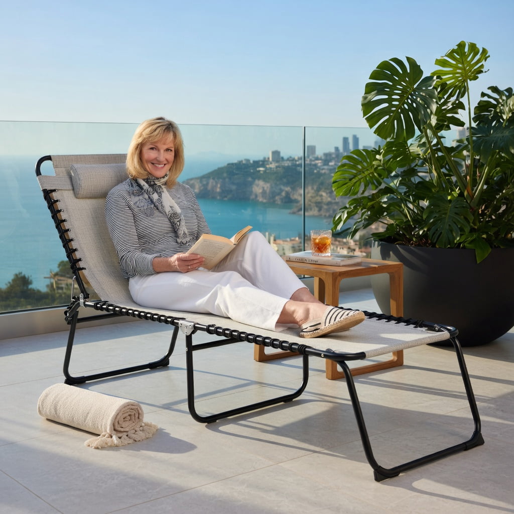 Hommoo Foldable Steel Beach Lounge Chair with Adjustable Backrest & Comfort Pillow, Weather-Resistant Patio Chaise for Outdoor and Indoor Use, Gray