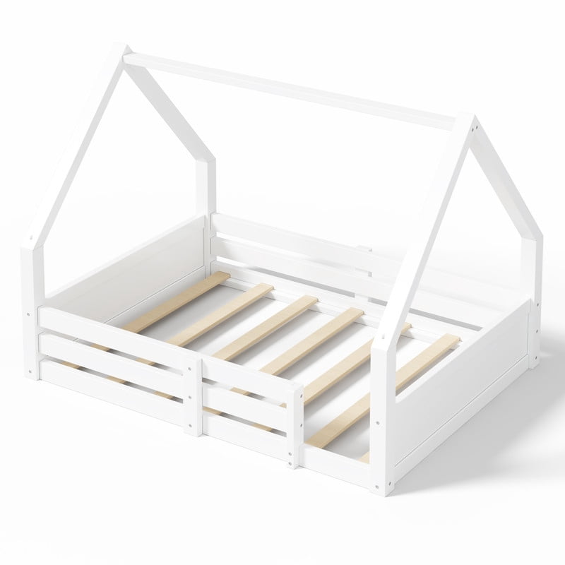 Euroco Wood Full Size Platform Bed, Low Profile House Floor Bed with Guardrails, White