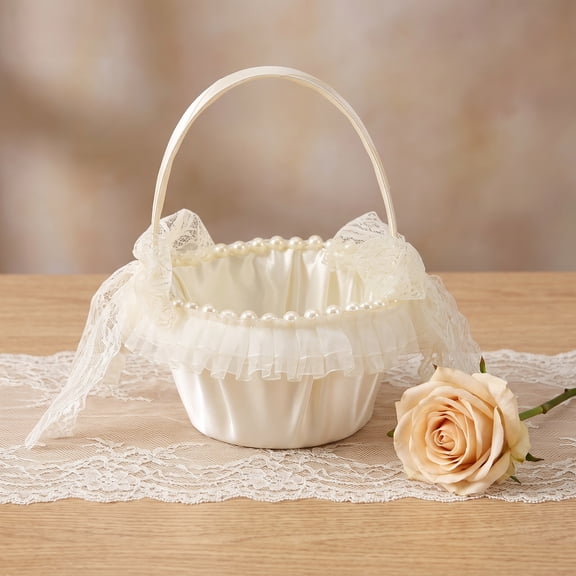 WEAVILUX Satin Lace Flower Girl Basket 17x13.5x13.5 CM, Elegant Wedding Accessory for Bridal Ceremony, Party Decor, and Special Occasions