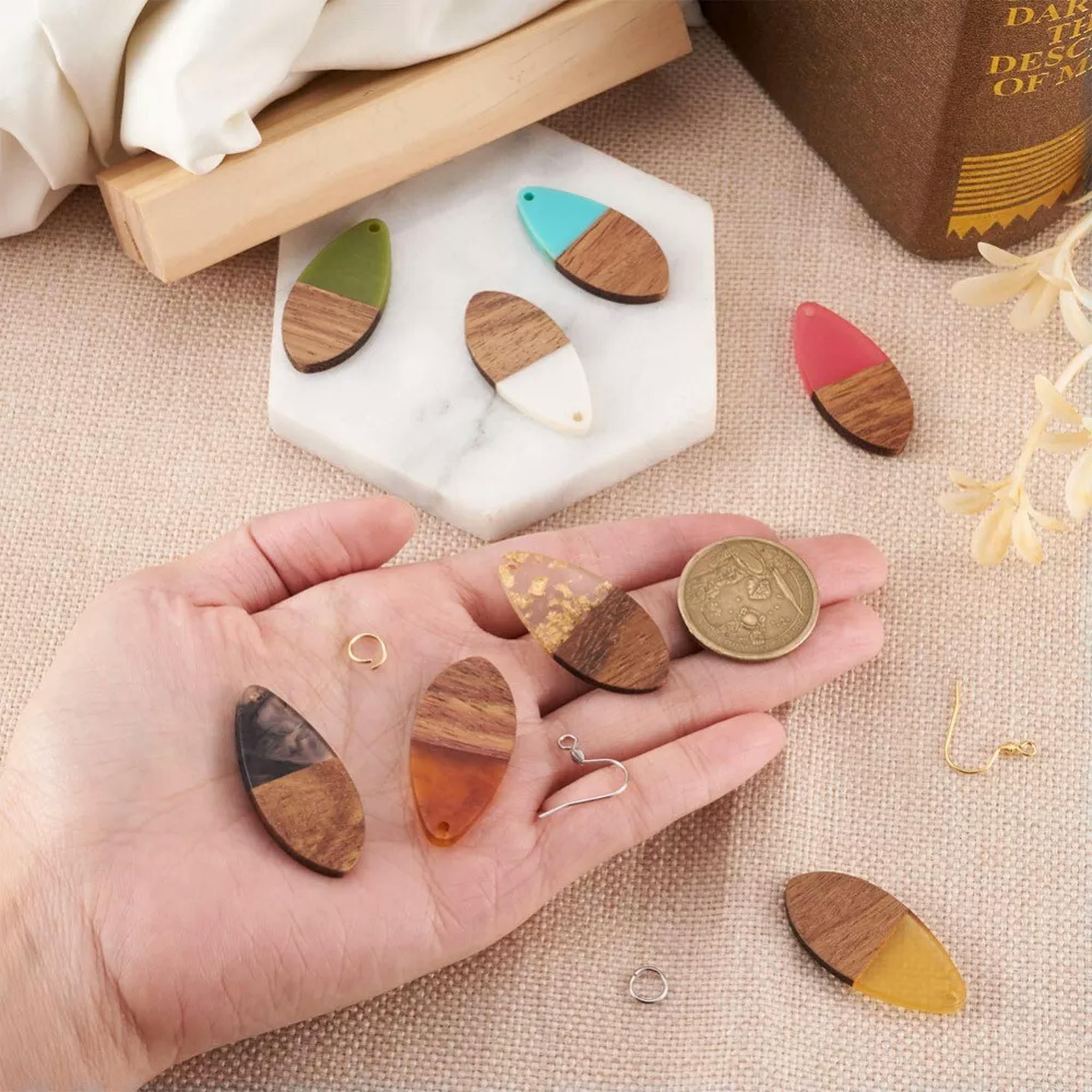 U8MO 1 Box Resin Wood Pendants Earring Hooks DIY Teardrop Dangle Earrings Making Kit