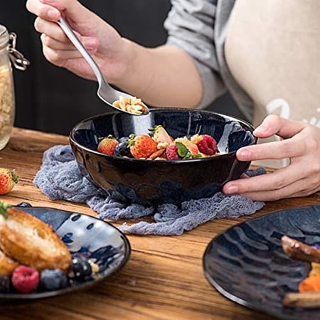 Vicrays Ceramic Pasta Bowls Set, 32 oz Soup Bowls, Large Salad Bowls, Serving Bowls, Chip Resistant, Dishwasher Microwave Safe, Fluted stoneware Bowls for Kitchen, Set of 6 (Blue)