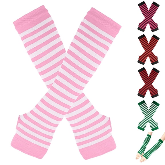 Resicozy Women's Arm Warmers Gloves Striped, Fit for casual, party, school and sports Long Fingerless Gloves for Women, Thumbhole Gloves Pink