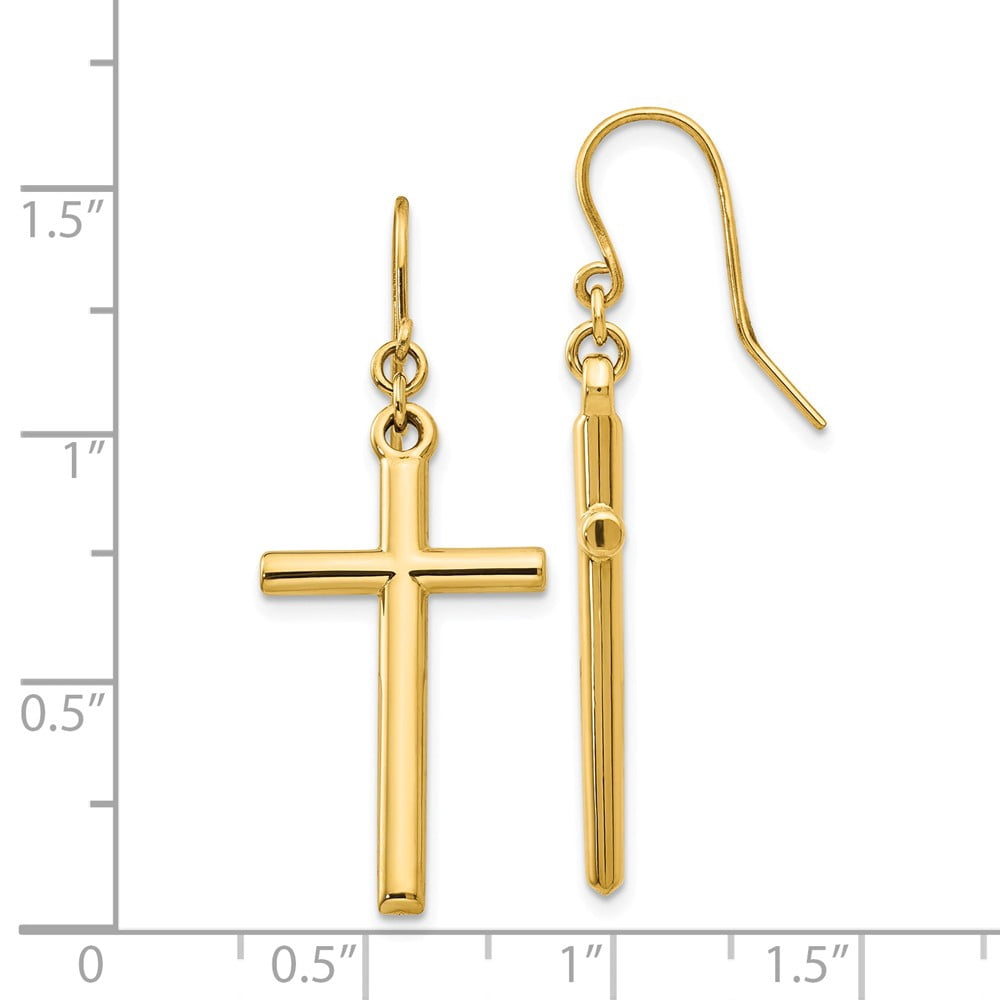 Real 14kt Yellow Gold Cross Shepherd Hook Dangle Earrings; for Adults and Teens; for Women and Men