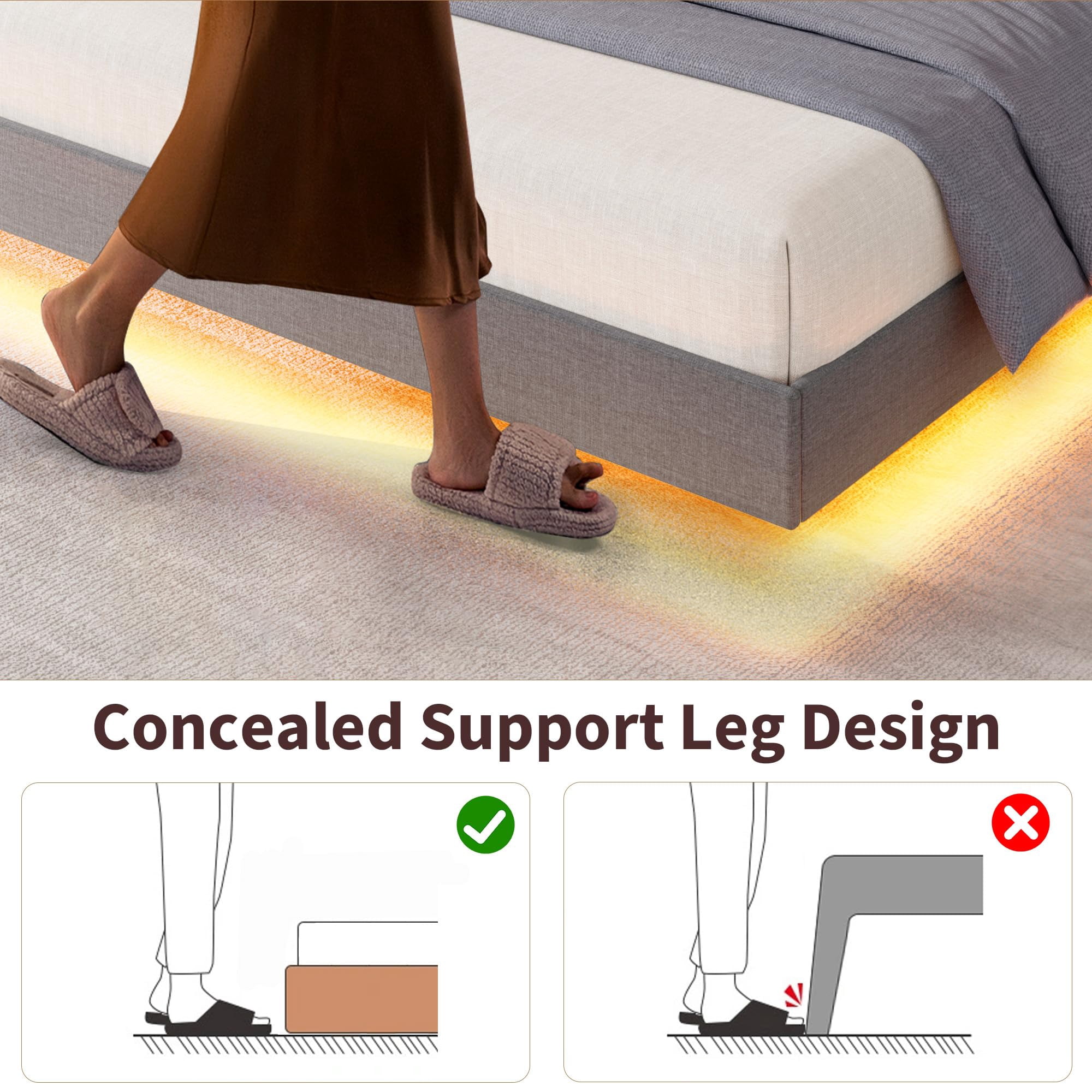 Huisuilinss Floating Bed Frame Full,Queen Size Upholstered Platform Bed With LED Lights & Charging Station,Storage Headboard & Folding Shelves Storage,Metal Slats Support,No Box Spring Needed