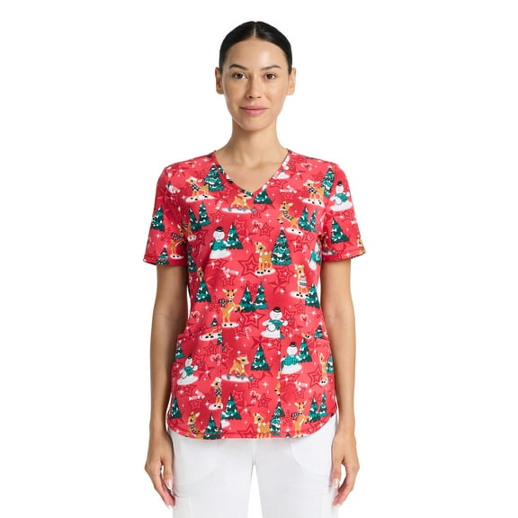 Rudolph Warm And Cozy Women's V-Neck Print Scrub Top, Sizes XS-3XL