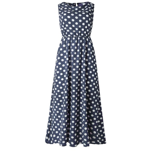 Uobin Womens Polka Dot Dress Round Neck Sleeveless A Line Pleated Loose Ruched Flowy Casual Tank Dresses Sundresses
