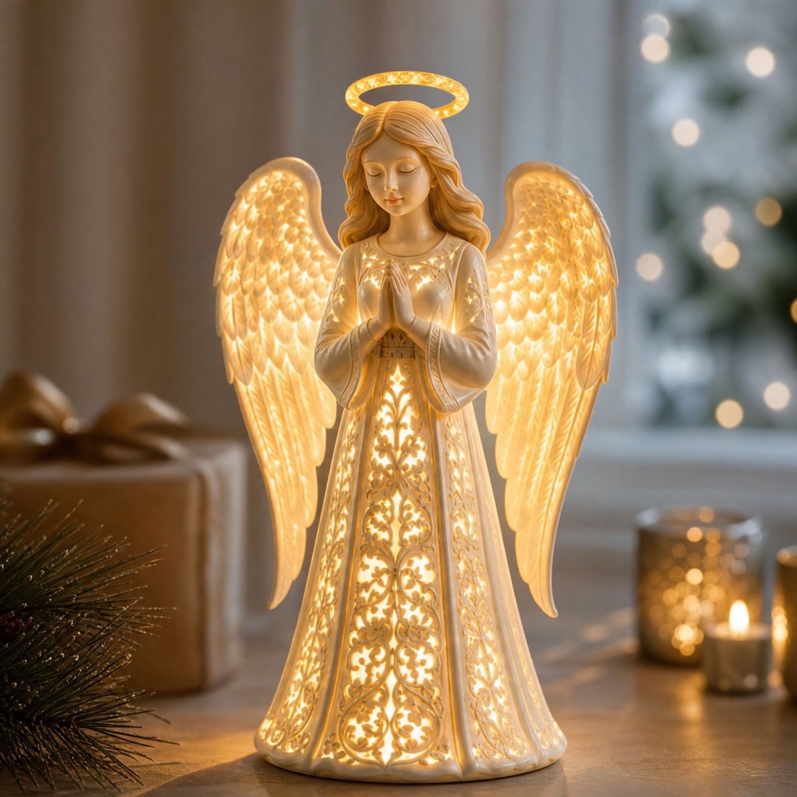 Angel Christmas Guardian Light, Symbol of Hope Love Protection Praying Figurine with Warm Golden Glow, Keepsake Statue for Grandma, LED Tabletop Decor, Memorial Night Lamp