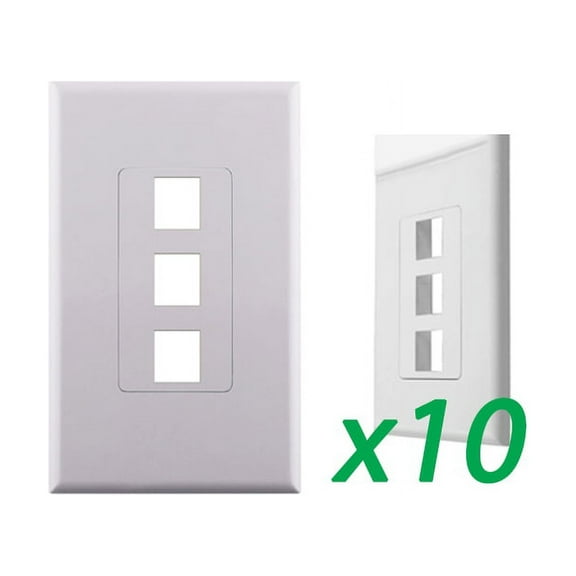 10X White 1-Gang Screwles Decora Wall Plate Cover w/ 3-Port Keystone Jack Insert