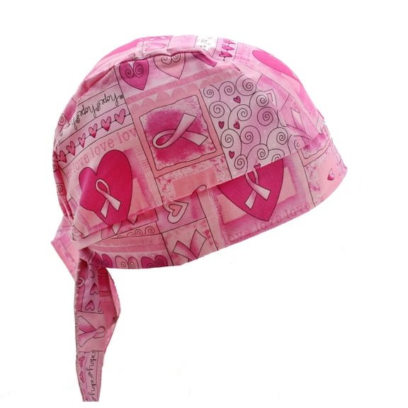 Pink Ribbon Breast Cancer Awareness Hearts & Flowers Skull Cap Head wrap