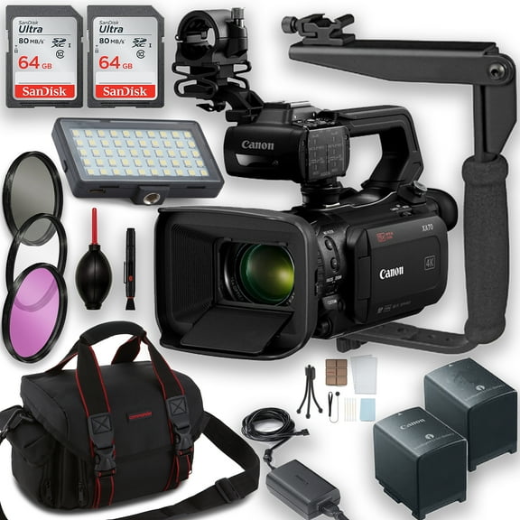 Canon XA70 UHD 4K30 Camcorder with Dual-Pixel Autofocus with LED Video Light   Extra Battery   2pc 64GB Memory Cards   Filter Kit   Dust Blower   Case & More