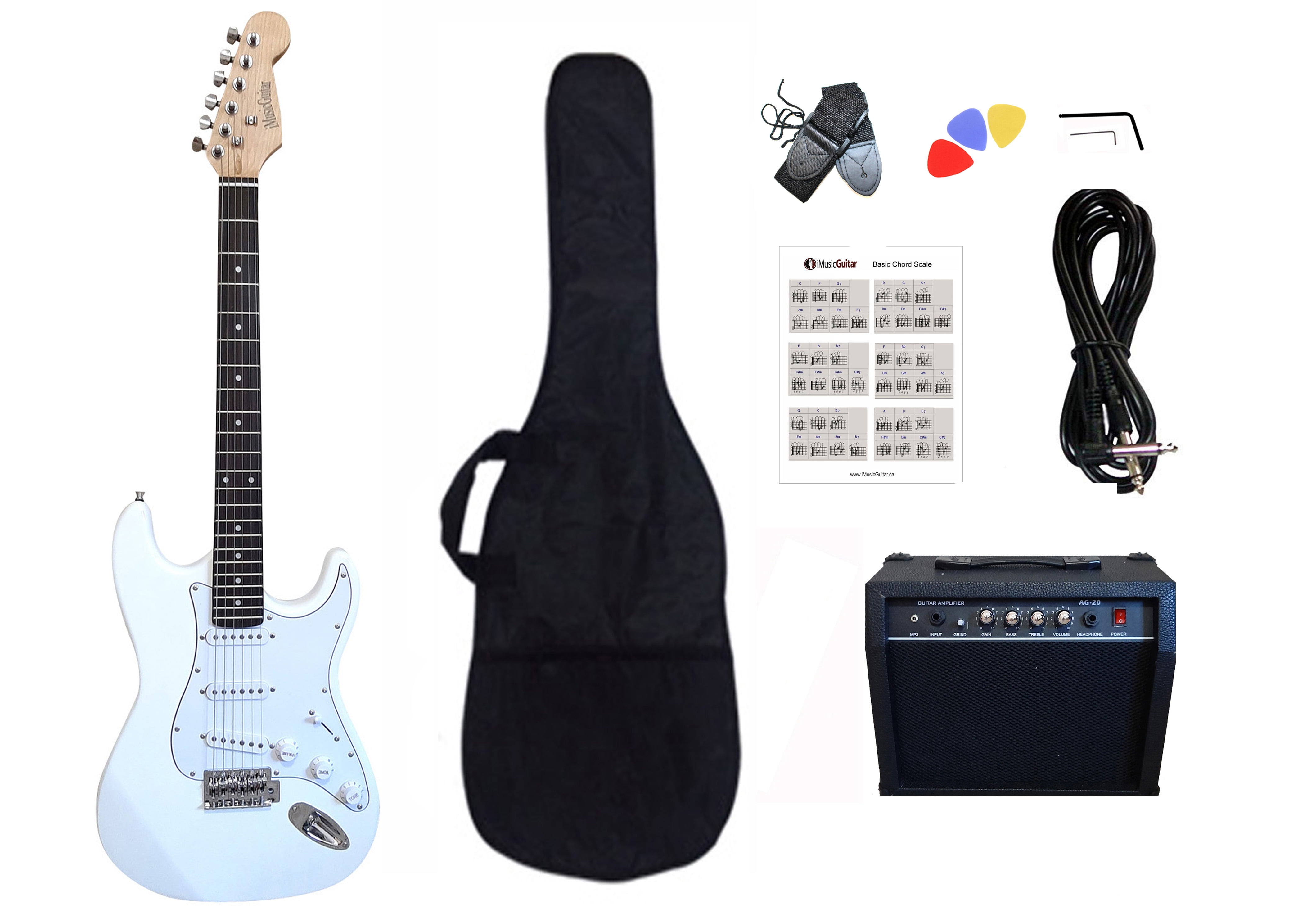 Electric Guitar 20W Amp Package with 8 items for beginners White PG462