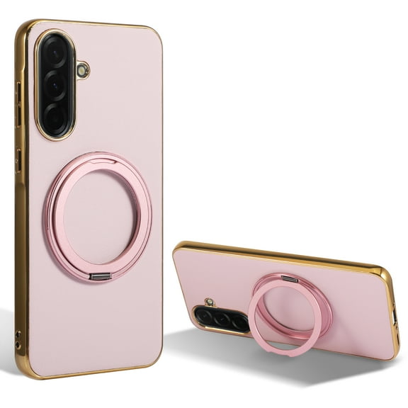 for Samsung Galaxy A36 5G Magnetic Case with Invisible Ring Stand [Compatible with Wireless Charging], Luxury PU Leather Slim Stand Shockproof Phone Cover for Samsung Galaxy A36 5G, Pink