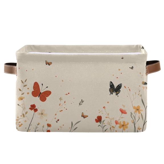WOBOGO Butterfly Wildflower Pictures Square Storage Basket with Waterproof Canvas and PE Lining Durable PU Leather Handles 14.2×10.2×8.3in