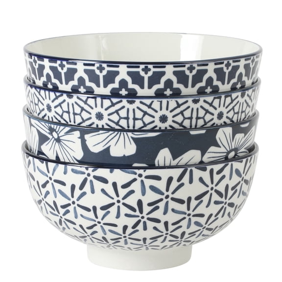 Gibson Home Castle Way 4-Piece Serving Bowl Set, 8 Inch Round Stoneware Bowls, Blue & White Assorted Pattern, Decorative Everyday Use