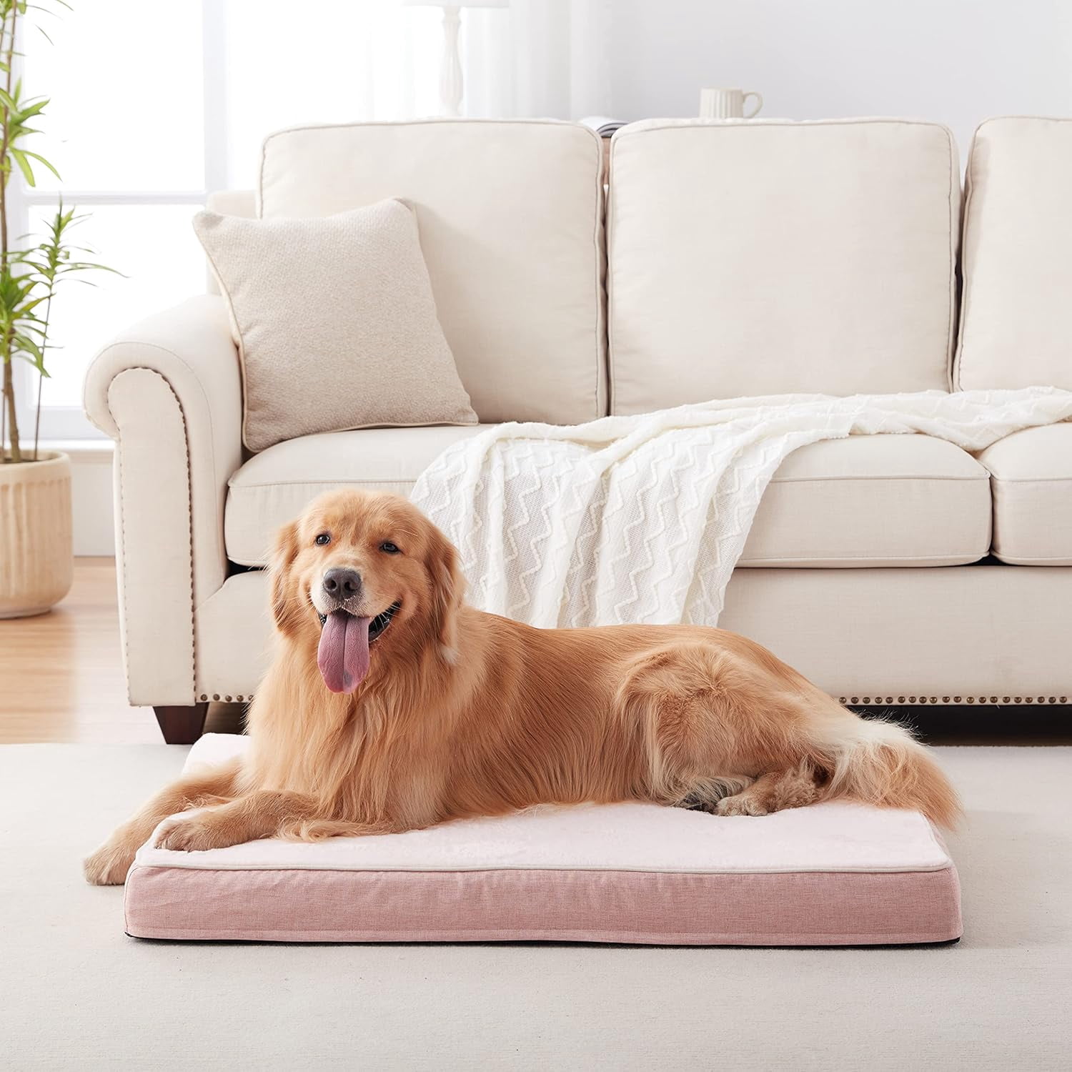 Memory Foam Orthopedic Large Dog Bed, Washable Dog Bed for Crate with Cooling Gel Mattress, Waterproof Liner and Plush Removable Cover for Extra Large Dogs (Pink)