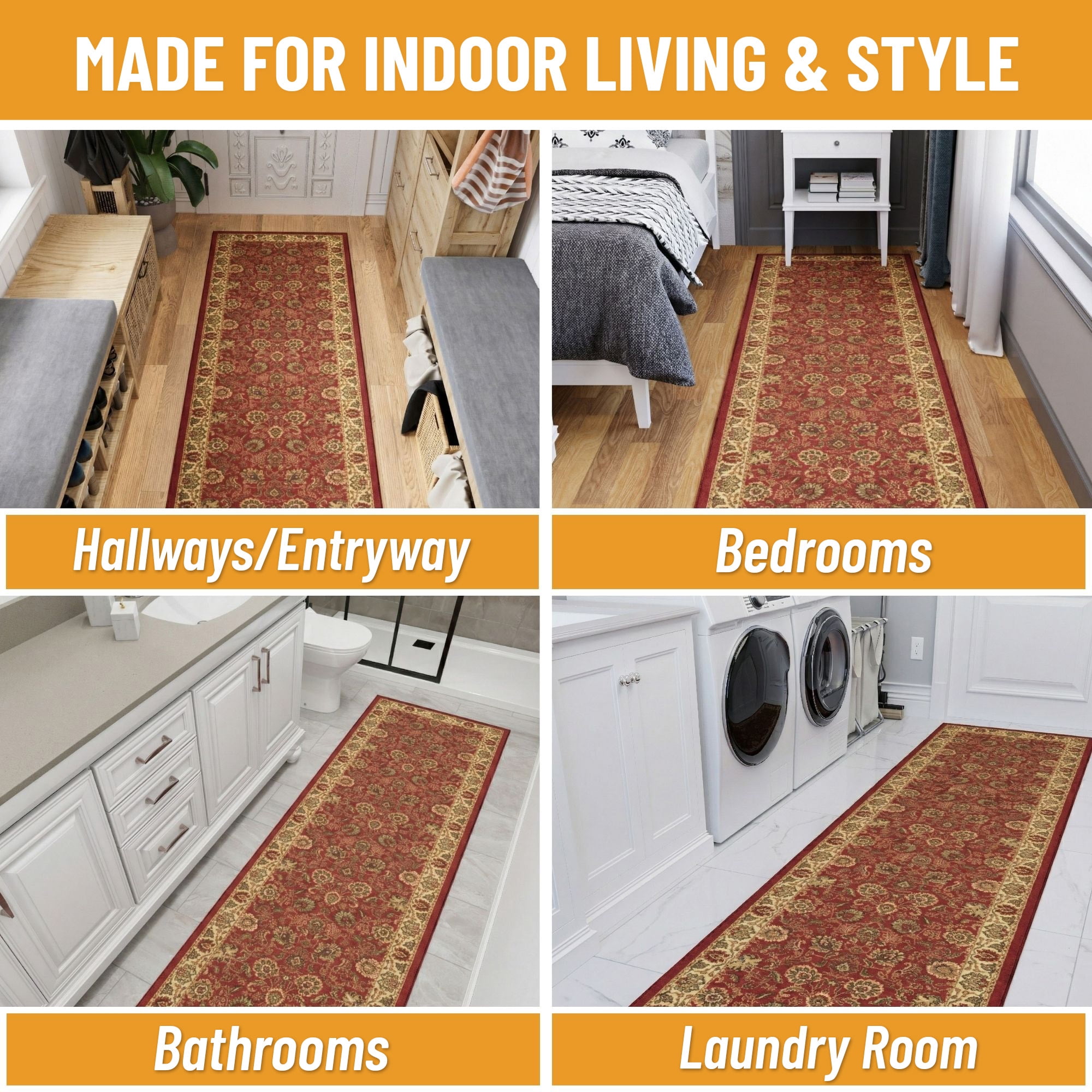 Ottomanson Extra Long Runner Rug 2'7" x 19' – Non-Slip Low Pile Hallway Carpet, Oriental Red