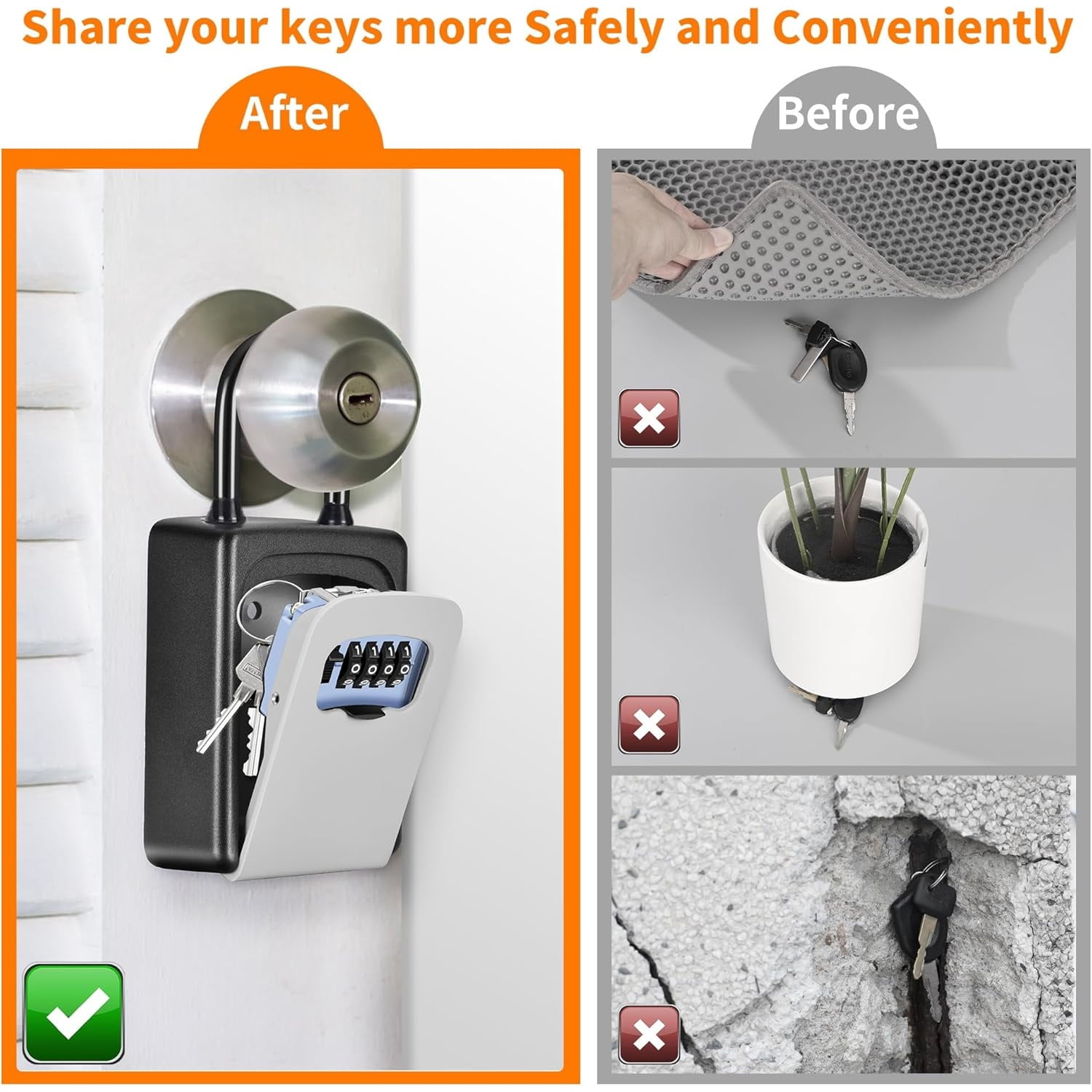 Portable Key Lock Box, Upgrade Clearly Visible Numbers, Lock Box Wall Mounted for House Key, 5 Key Capacity, Weatherproof Resettable Code (4 Pack, Grey)