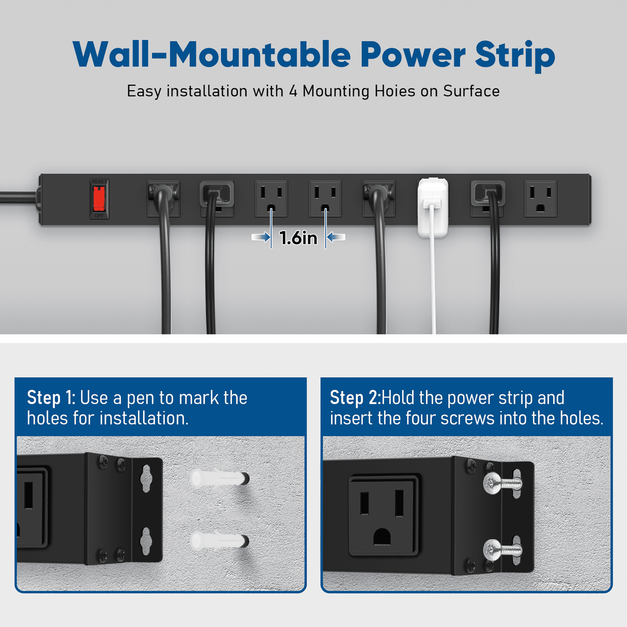 VILONG 10ft Power Strip Surge Protector Wall Mount with Long Cord, 8 Outlet, 15A 1875W 1200J, Adapter Plugs for Shop , ETL Certified, Black