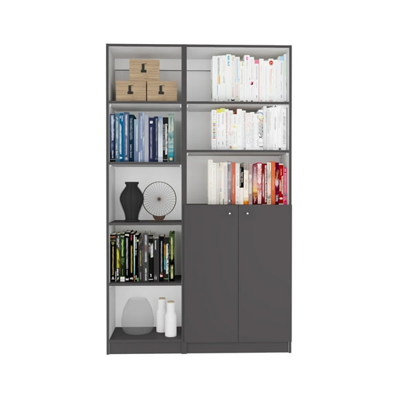 Knubmt 42" Wide 8 Shelves Book Storage Rack Bookcase with Double Door Cabinet, Wood Bookshelf for Living Room, Office, Gray