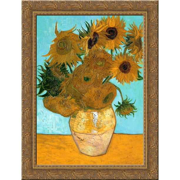 Still Life Vase with Twelve Sunflowers 24x18 Gold Ornate Wood Framed
