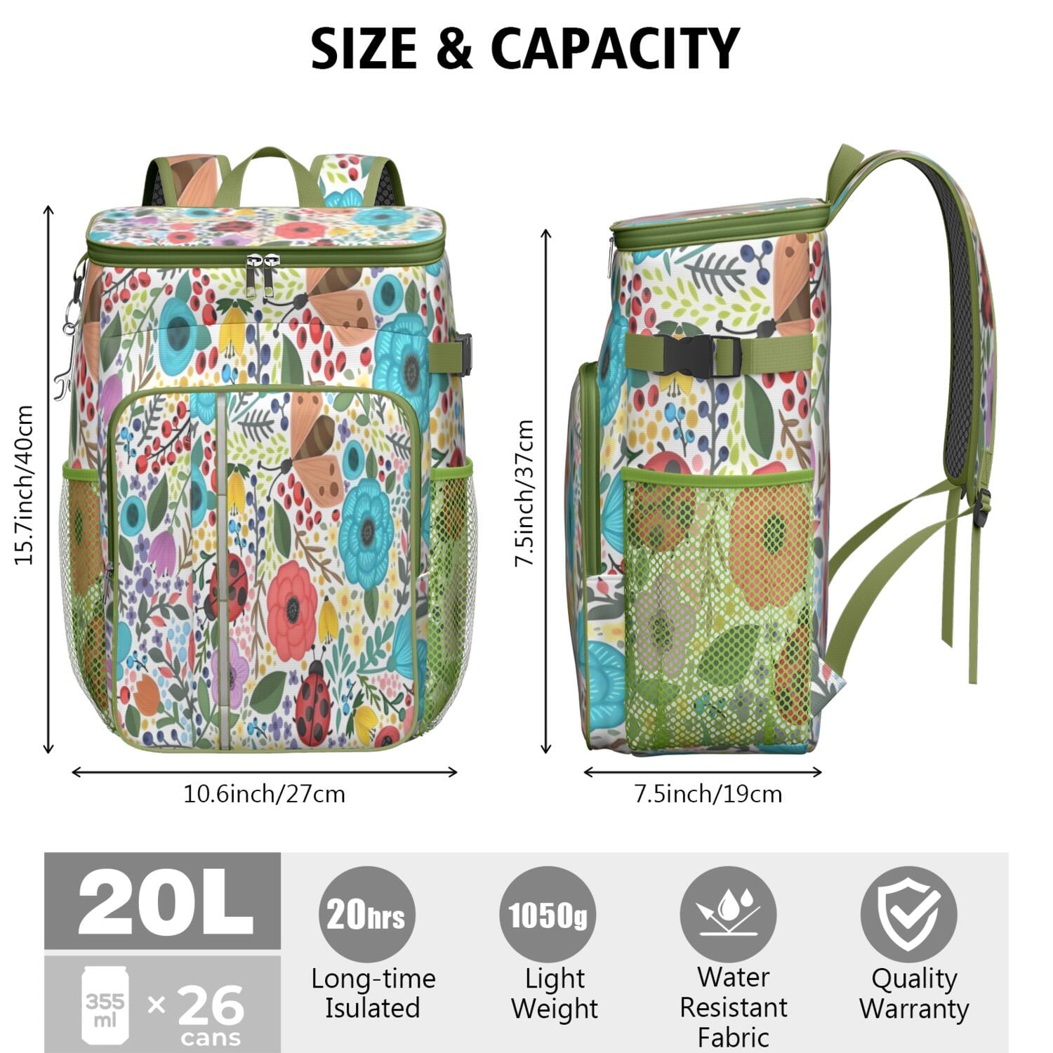 Travel Cooler Bag - Pioneer Flower Floral Print Pattern Camping Beer Cooler Backpack with Bottle Opener- Waterproof Insulated Picnic Backpacks - Cooler Bag for Beach
