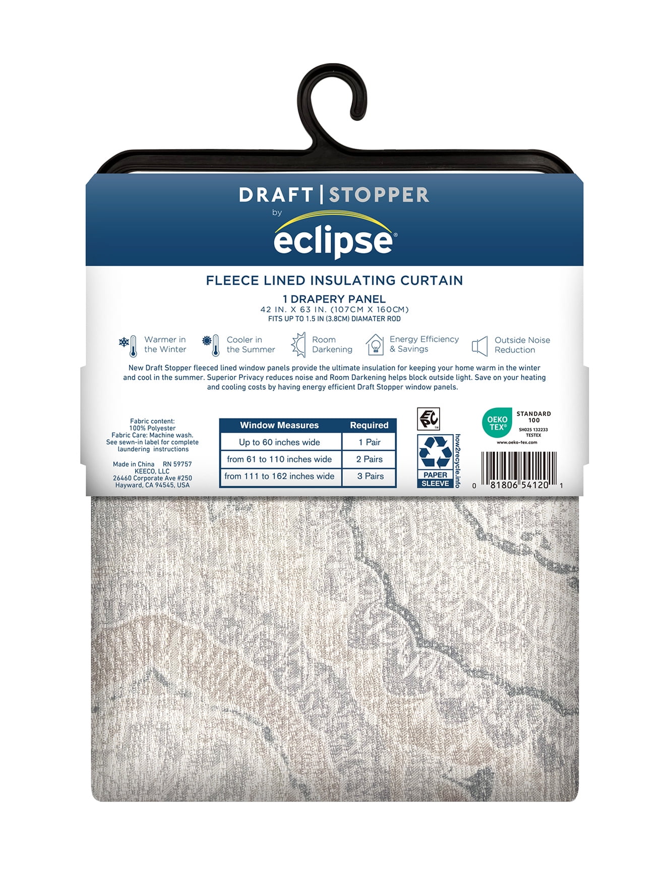 Eclipse Draft Stopper Room Darkening Fleece Lined Rod Pocket, Single Curtain Panel, Charcoal Medallion, 42" W x 63" L