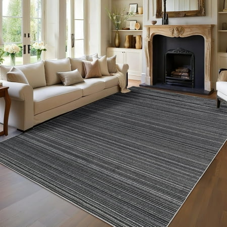 Garvee 9 x12 Modern Stripe Area Rug Washable Neutral Printed Carpet with Non Slip Rubber Backing Stain Resistant Accent Floor Carpet for Living Room Bedroom Home Office Black