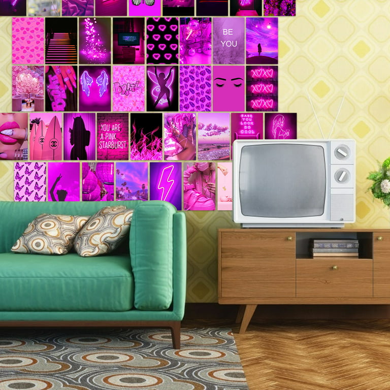 Wall Collage Kit Aesthetic Pictures, Photo Collage Kit for Wall Aesthetic  with LED Stripe Lights, Pink