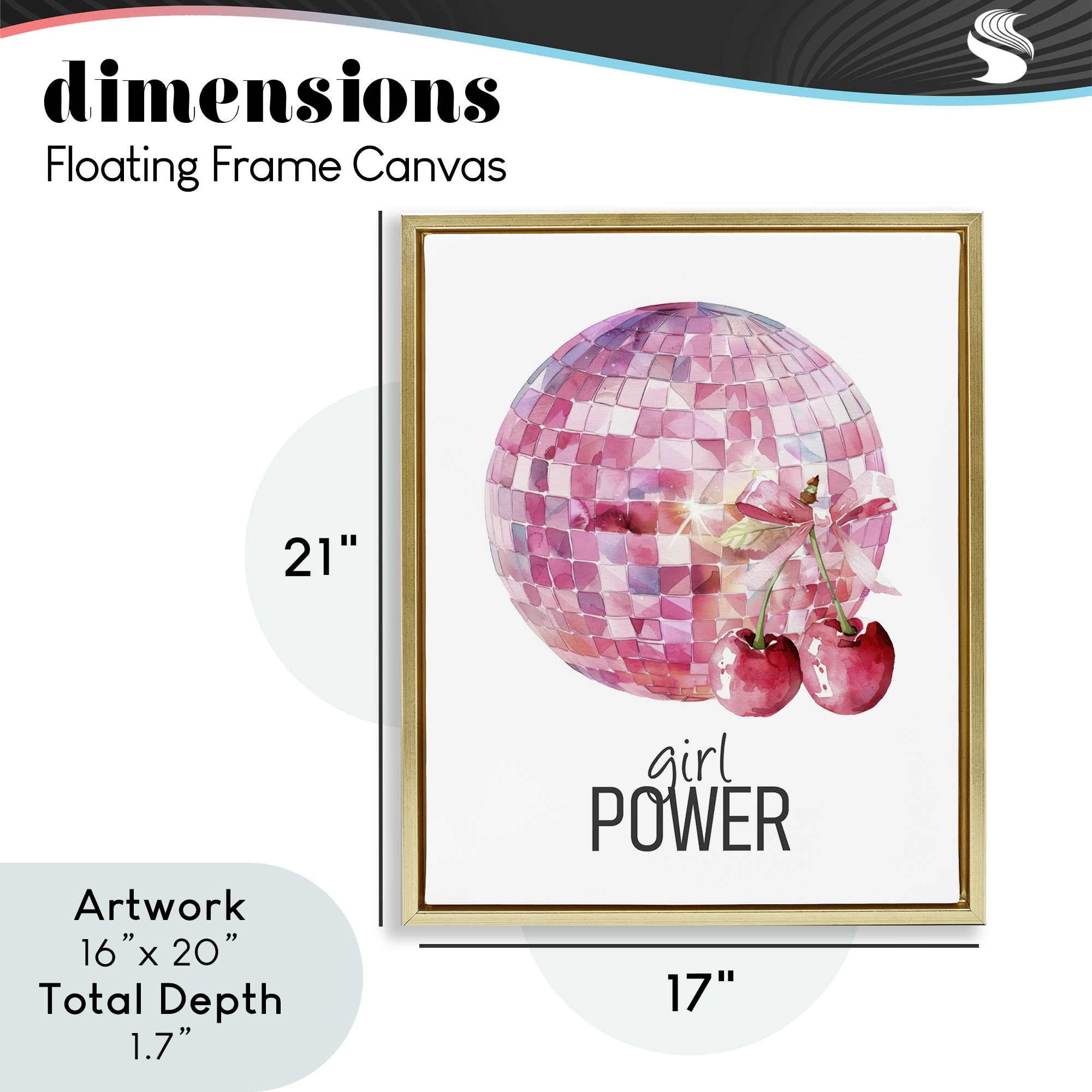Girl Power Disco Cherries Gold Framed Floater Canvas Wall Art, design by Kim Allen