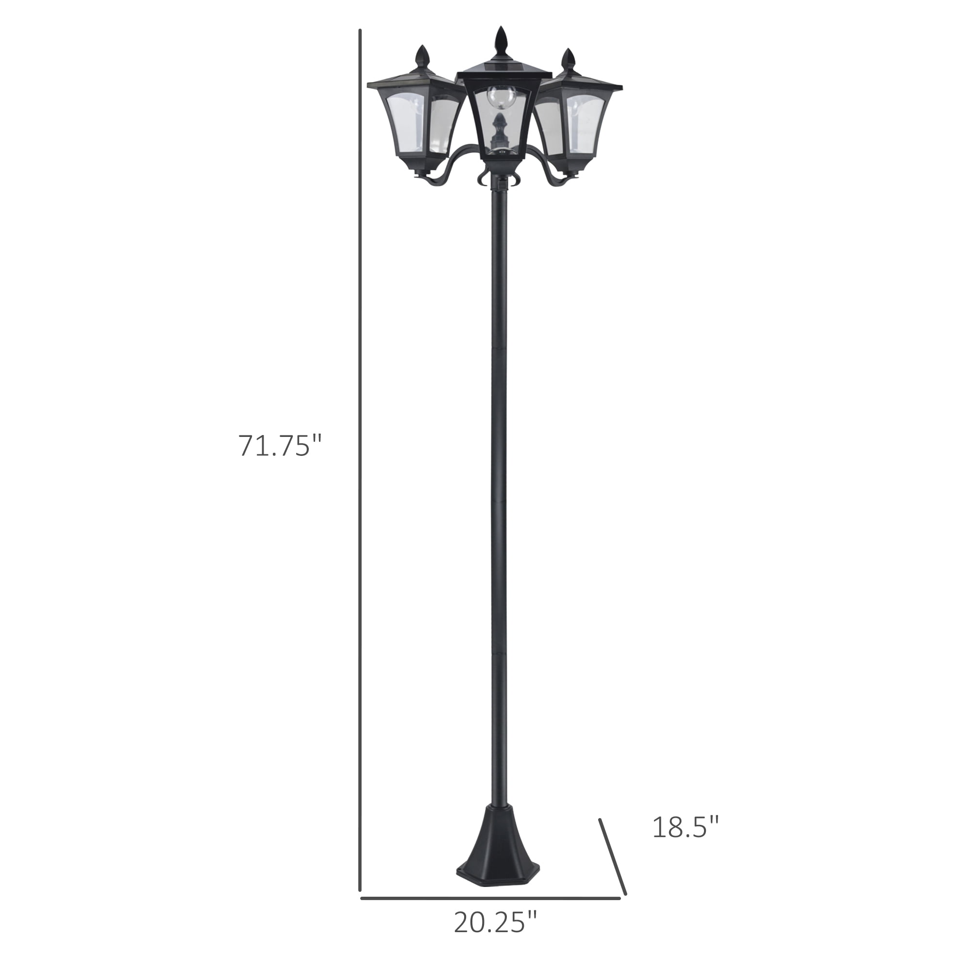 Outsunny 72" Solar Lamp Post, Triple-Head Street Light, All-Weather Waterproof Stainless Steel, Vintage Style for Garden, Lawn, Pathway, Driveway, Black