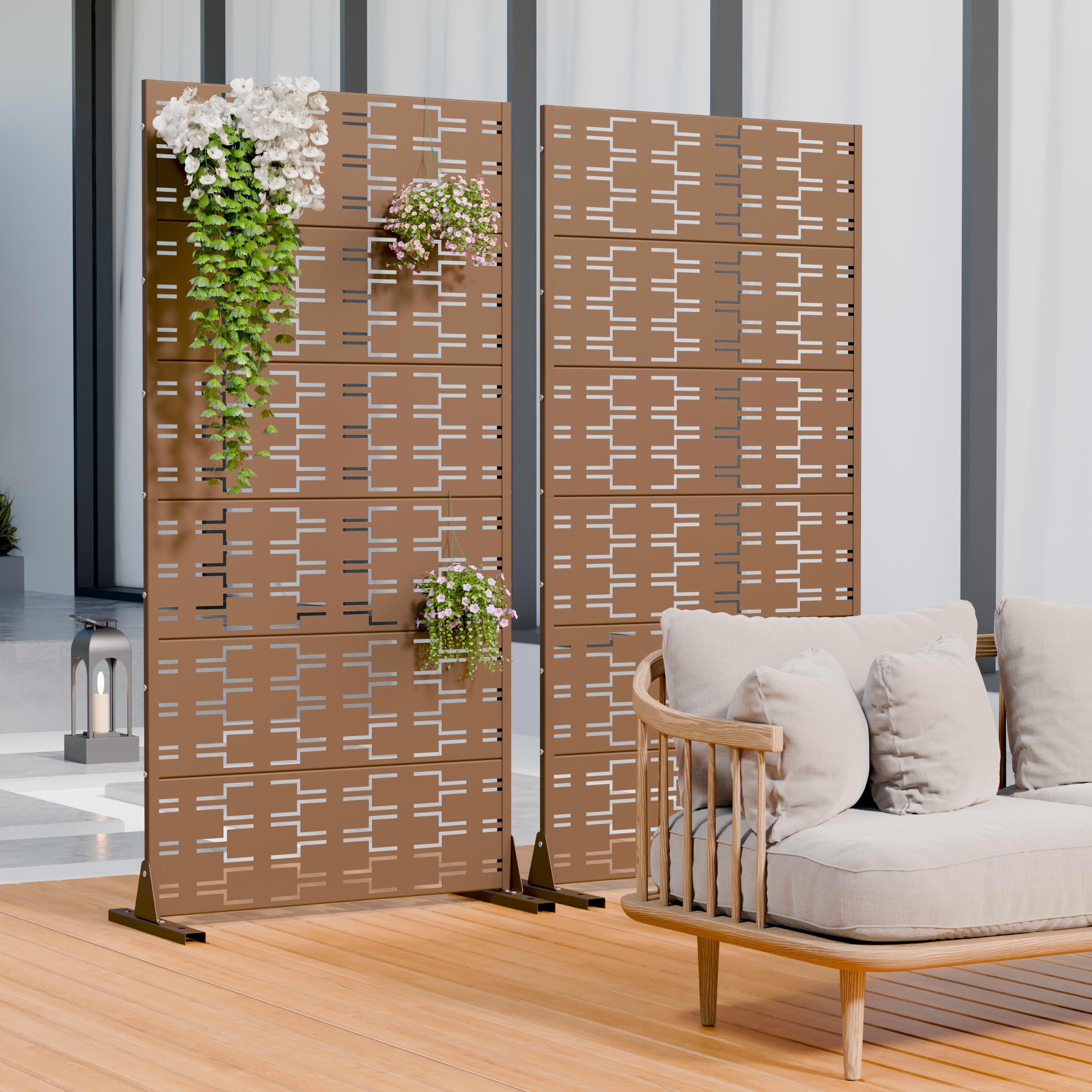 MAYEERTY Outdoor Metal Privacy Screen 6ft × 3ft Brown, 6-Panel Brick Pattern Decorative Screen for Patio
