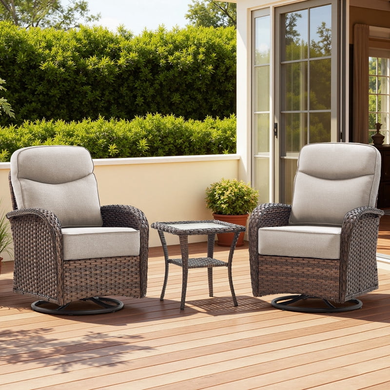 Opohoro 3PCS Outdoor Swivel Chair Set with Side Table and 6-Inch Thick Cushions, All Weather Wicker Patio Chairs for Porch Balcony