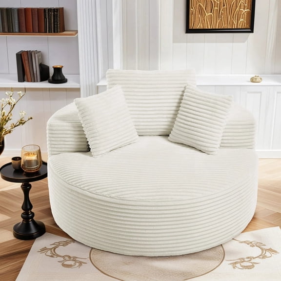 37" Round Lounge Chair with Pillow, Flannel Bean Bag Sofa Modern Accent Chair for Living Room Bedroom Reading Nook, No Assembly Boneless Floor Chair (White)