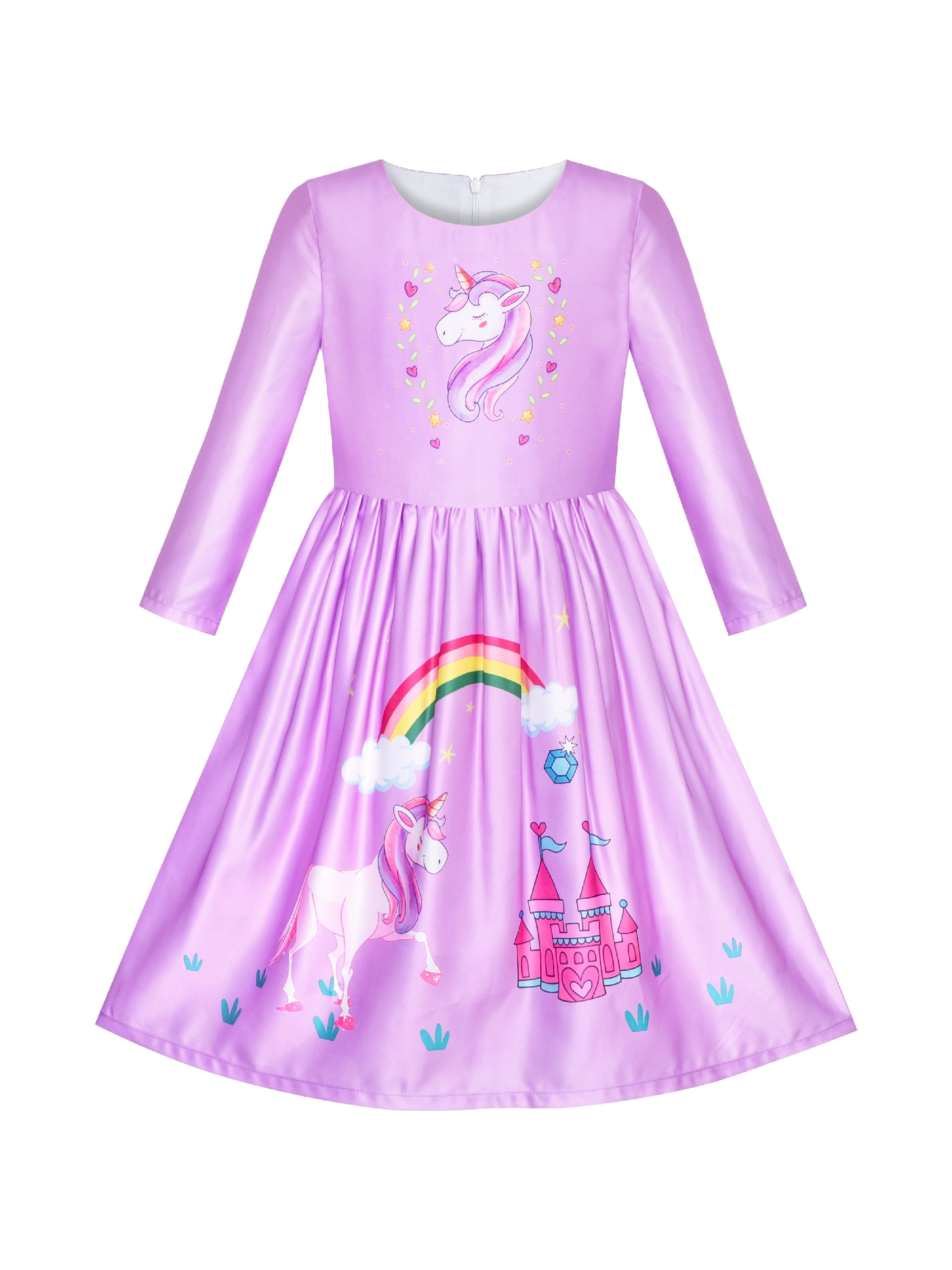 Girls Dress Long Sleeve Unicorn Castle Rainbow Purple 10 Years ...