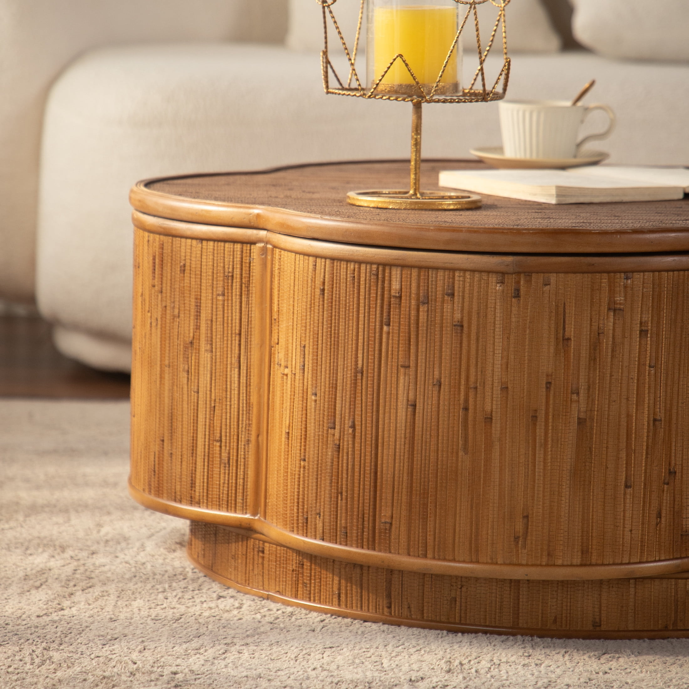 Noble House Flower Rattan Coffee Table with Lift-Off Lid Storage, Boho-Chic Petal Design, for Living Room, Natural Wood