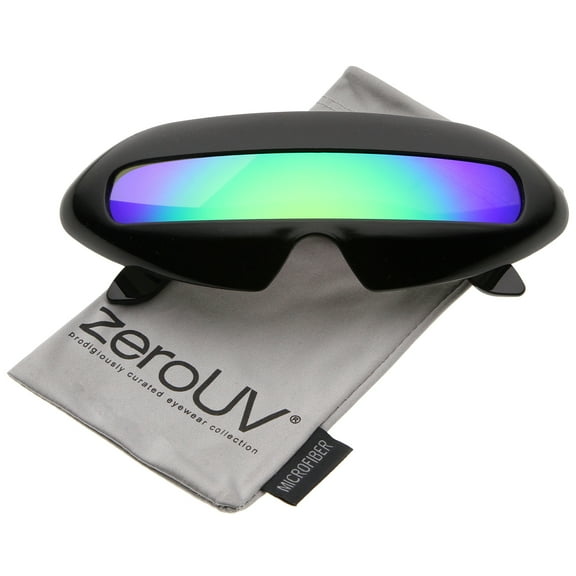 zeroUV Unisex Futuristic Costume Single Shield Colored Mirror Lens Novelty Wrap Sunglasses 70mm (Black / Green Mirror) - 70mm