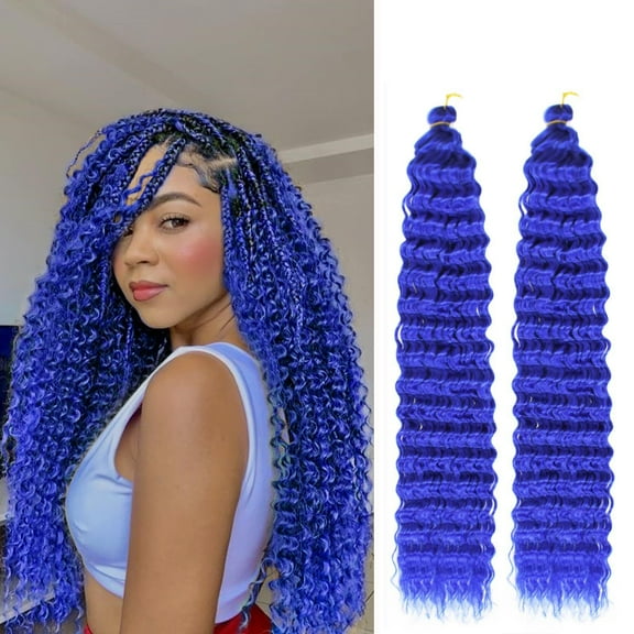 XmhyTop 24 Inch 3-Bundle Human Braiding Hair, 100g/Bundle Deep Wave Curly Extensions, Wet and Wavy Texture for Boho Braids Styling, Blue