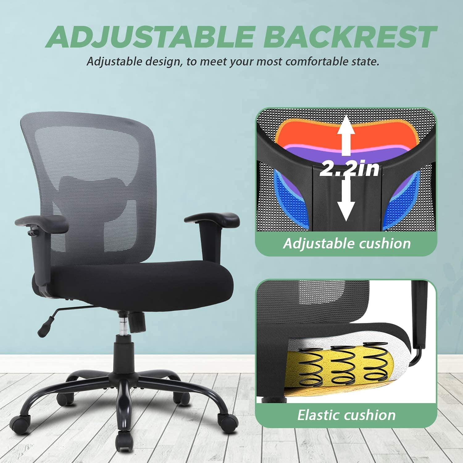 Mesh Desk Chairs Big and Tall Office Chair Ergonomic Computer Chair Weight Limit 400 lbs Heavy Duty Task Chair with Wheels and Adjustable Arms & 23 inch Wide Seat, Gray