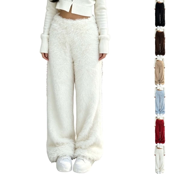 Qingpeng Womens Plush Warm Long Pants Elastic High Waist Wide Leg Trousers Thick Cozy Fall Winter Casual Pants for Women
