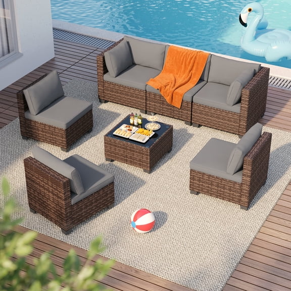 Lofka 7-Piece Outdoor Patio Furniture Set, PE Wicker Rattan Sectional Sofa with Gray Cushions & Glass Table, All-Weather Backyard Deck Poolside