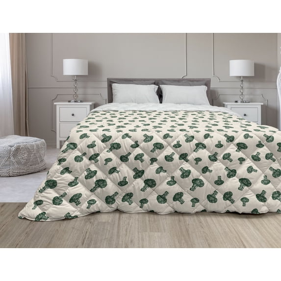 Coffee Down Alternative Comforter, Teacups with Gotu Kola Leaves Medicinal Parsley Aromatherapy Horticulture Design, Microfiber Quilt for All Season, 5 Sizes, Brown White, by Ambesonne